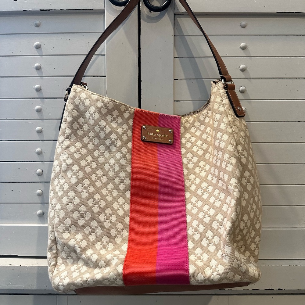 Kate Spade Cream and Pink Hobo Bag with Bold Stripe tote pattern leather strap